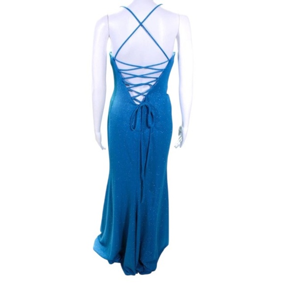 NWT Jovani Marisa Formal Maxi Dress Size 2 Blue Glitter Cutout Gown - Picture 3 of 8